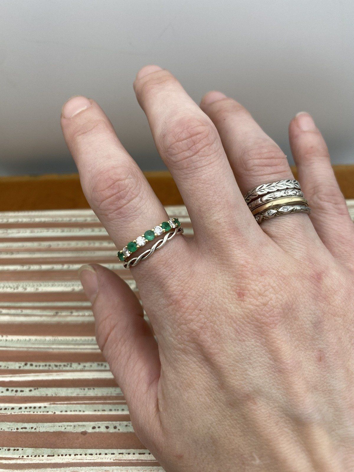 Stunning Modern 14k Gold Emerald Diamond Intermitted Pave Ring Band 8