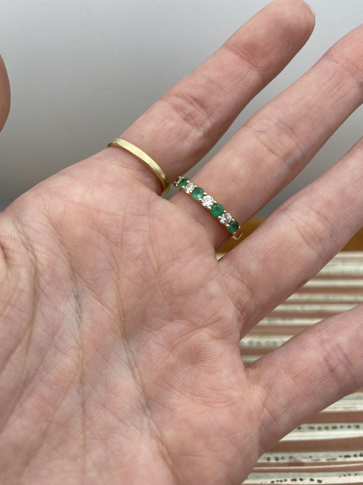 Stunning Modern 14k Gold Emerald Diamond Intermitted Pave Ring Band 9