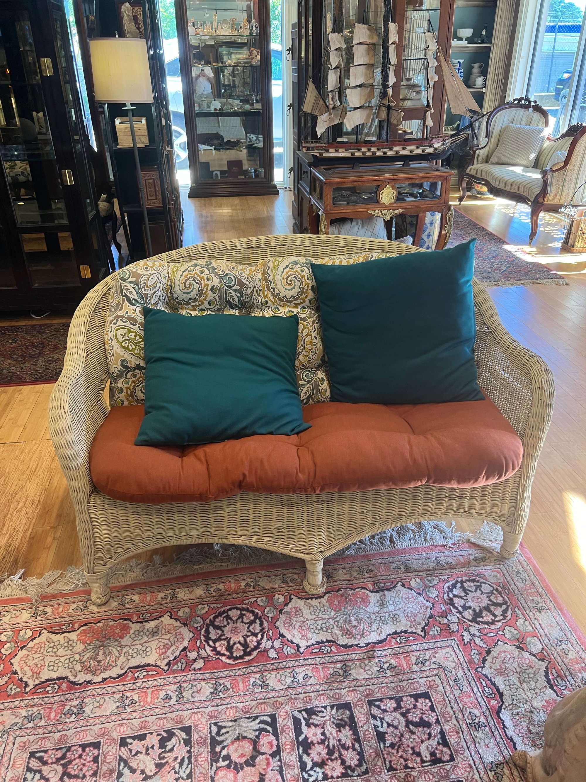 Vintage White Wicker Loveseat with Cushions, Early-Mid 20th Century