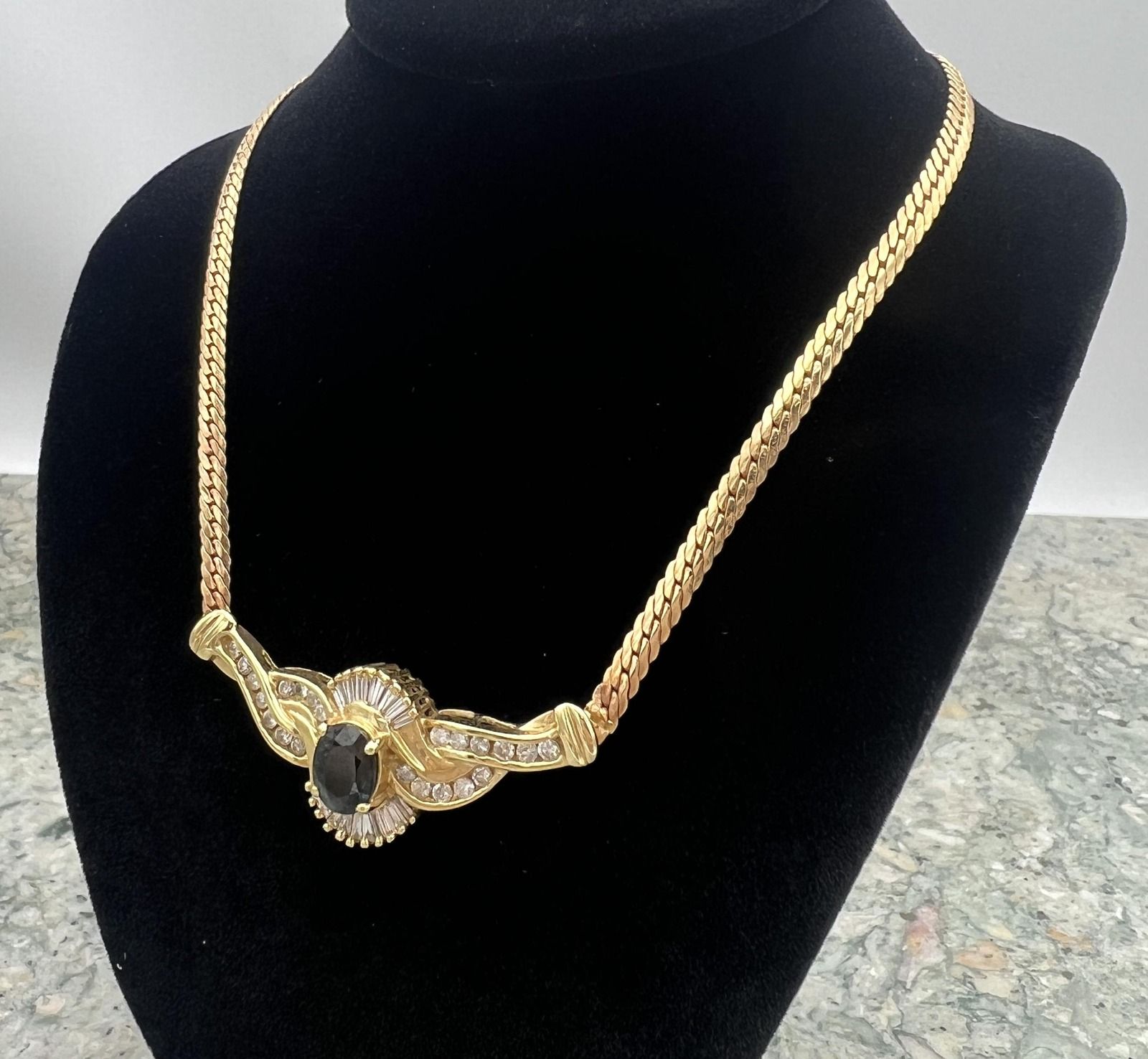 14k Gold Herringbone Necklace with Dark Center Stone & Diamonds. 18" Chain. 3