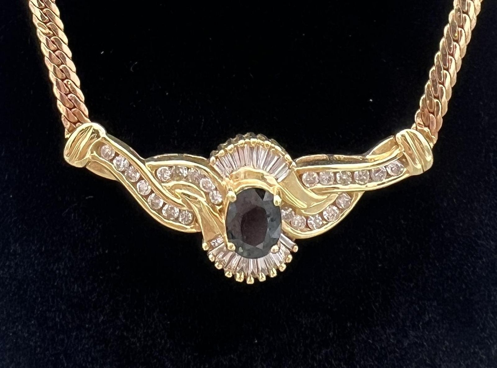 14k Gold Herringbone Necklace with Dark Center Stone & Diamonds. 18" Chain. 2