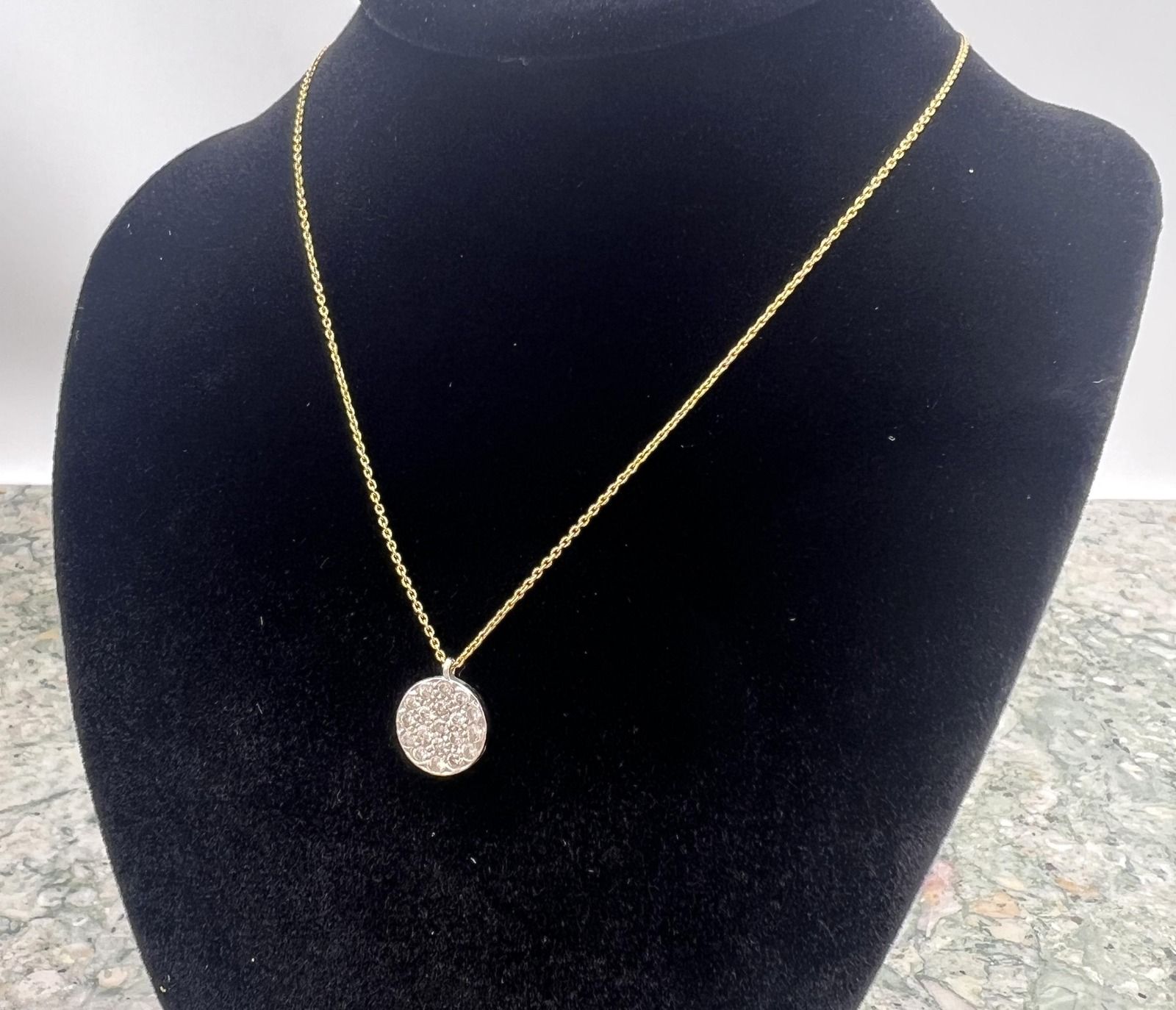 14k Gold Chain Necklace with Pavé Crystal Round Pendant. 16" Chain. 3