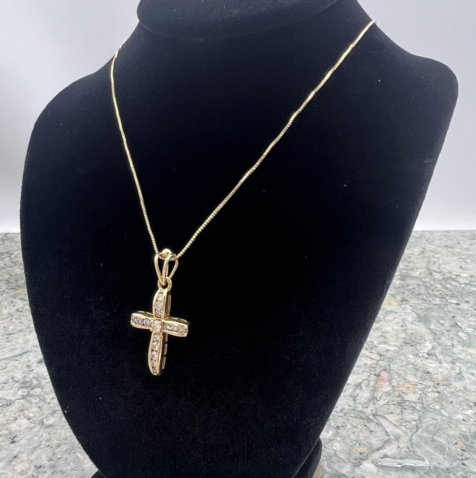 14K Gold Cross Pendant Necklace with Channel-Set Diamonds Box Chain. 18" Chain. 3