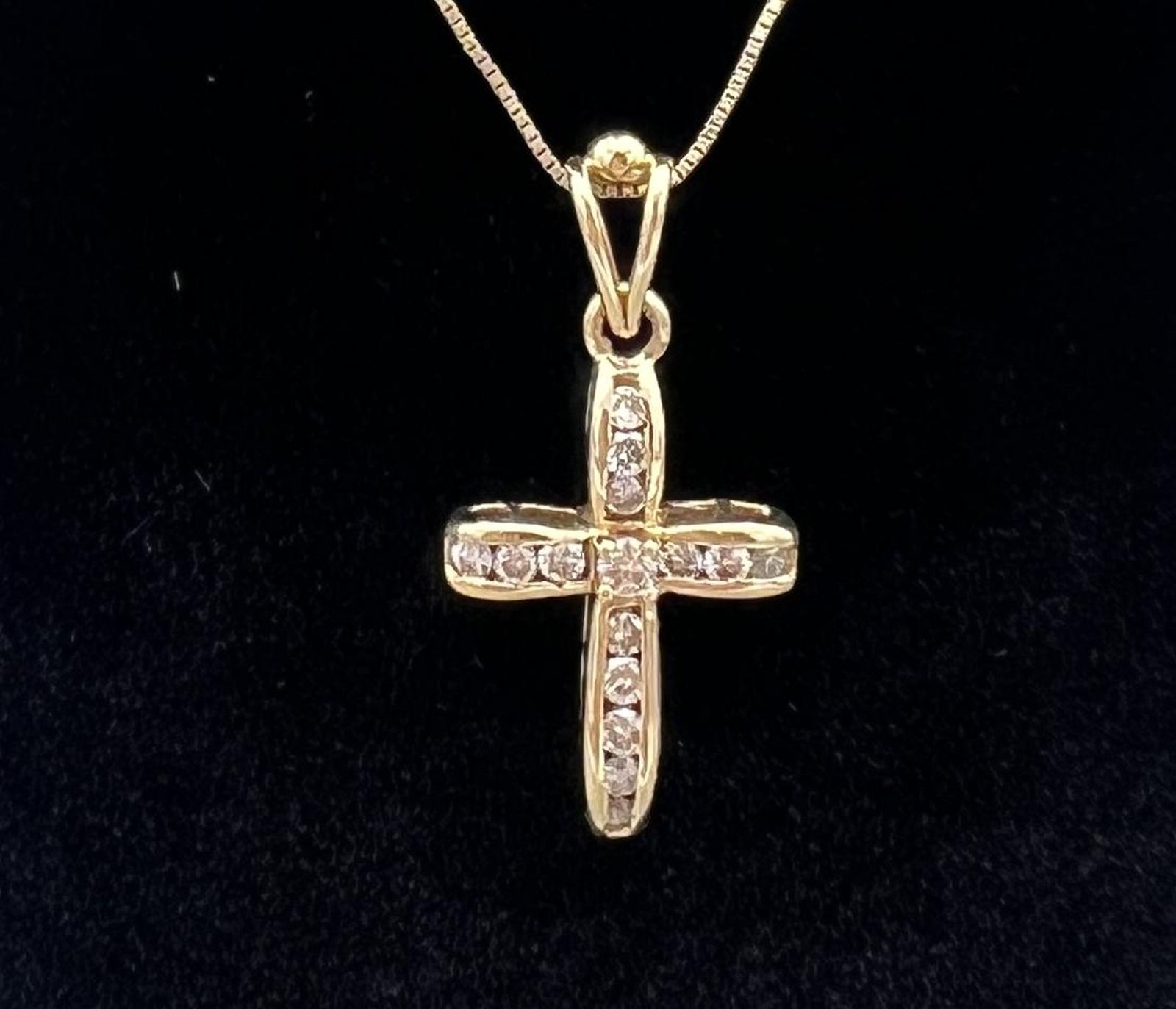 14K Gold Cross Pendant Necklace with Channel-Set Diamonds Box Chain. 18" Chain. 2