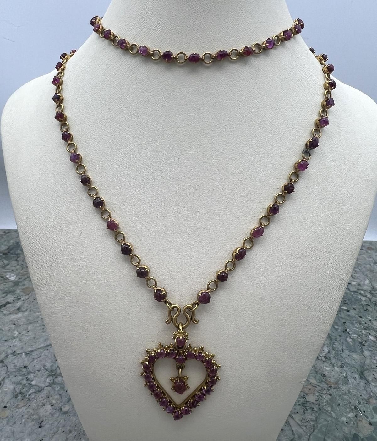 Gold Heart Pendant Necklace with Purple/Pink Gemstones. 24" 2