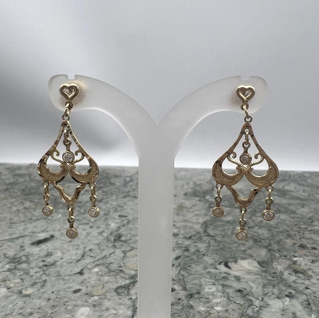 14k Gold Chandelier Drop Earrings with Heart Tops and Clear Stones 2