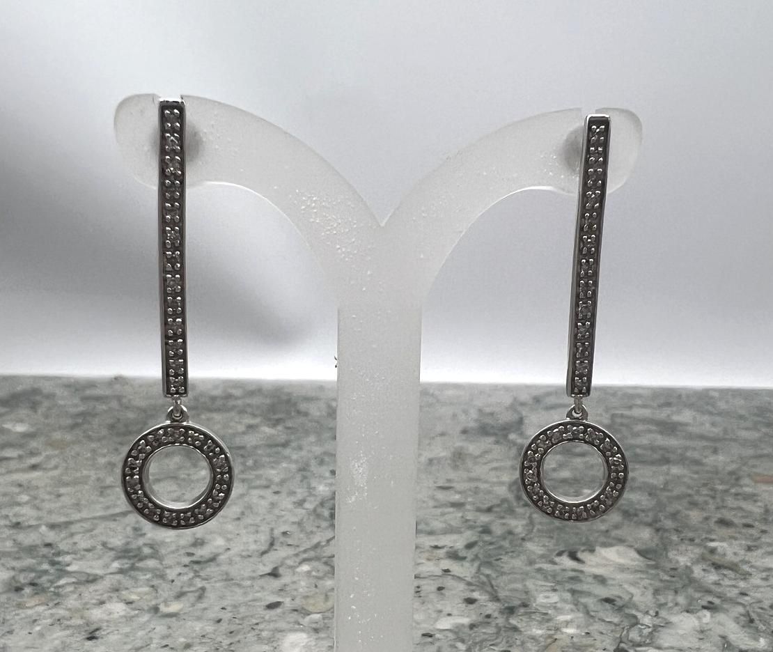 10k White Gold Bar Drop Earrings with Pave Circle Dangles 2