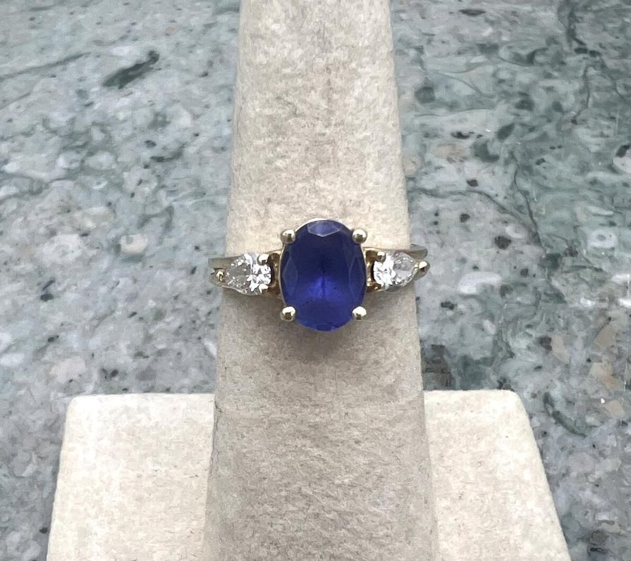 14k Yellow Gold Diamond and Blue Stone Three-Stone Ring 3