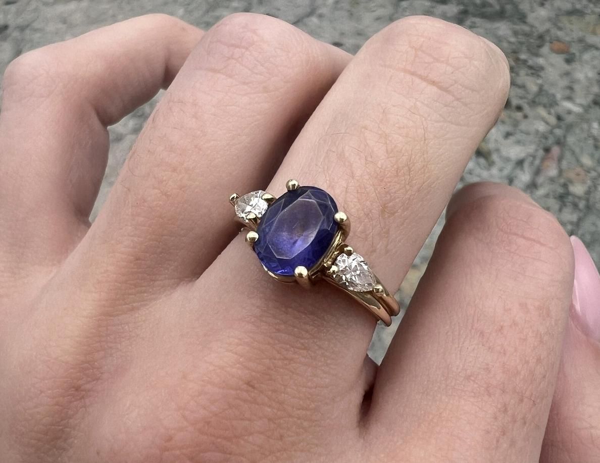 14k Yellow Gold Diamond and Blue Stone Three-Stone Ring 2