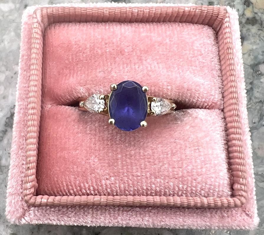 14k Yellow Gold Diamond and Blue Stone Three-Stone Ring