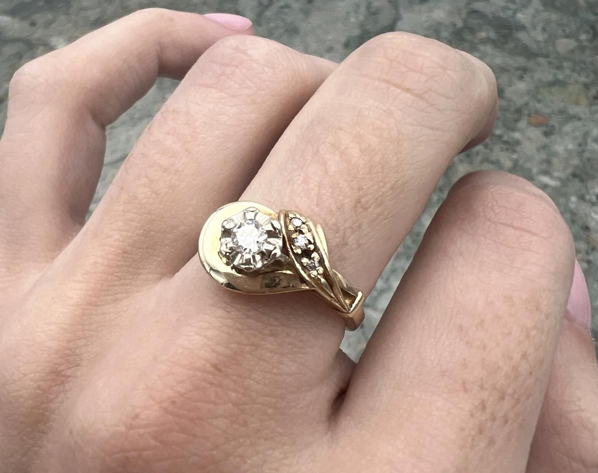 10k Vintage Yellow Gold Diamond Ring Mid-Century Floral Design 2