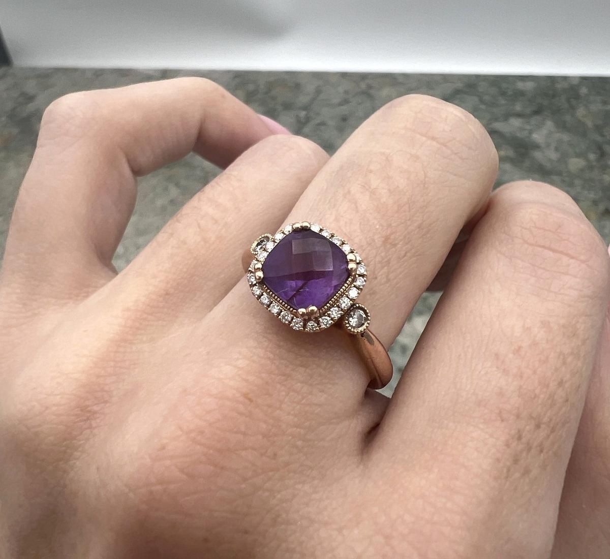 14k Rose Gold Purple Stone Cocktail Ring with Halo Setting 2