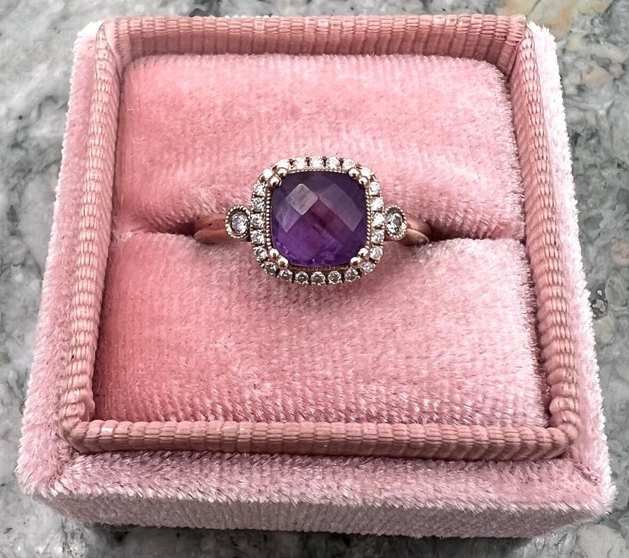 14k Rose Gold Purple Stone Cocktail Ring with Halo Setting