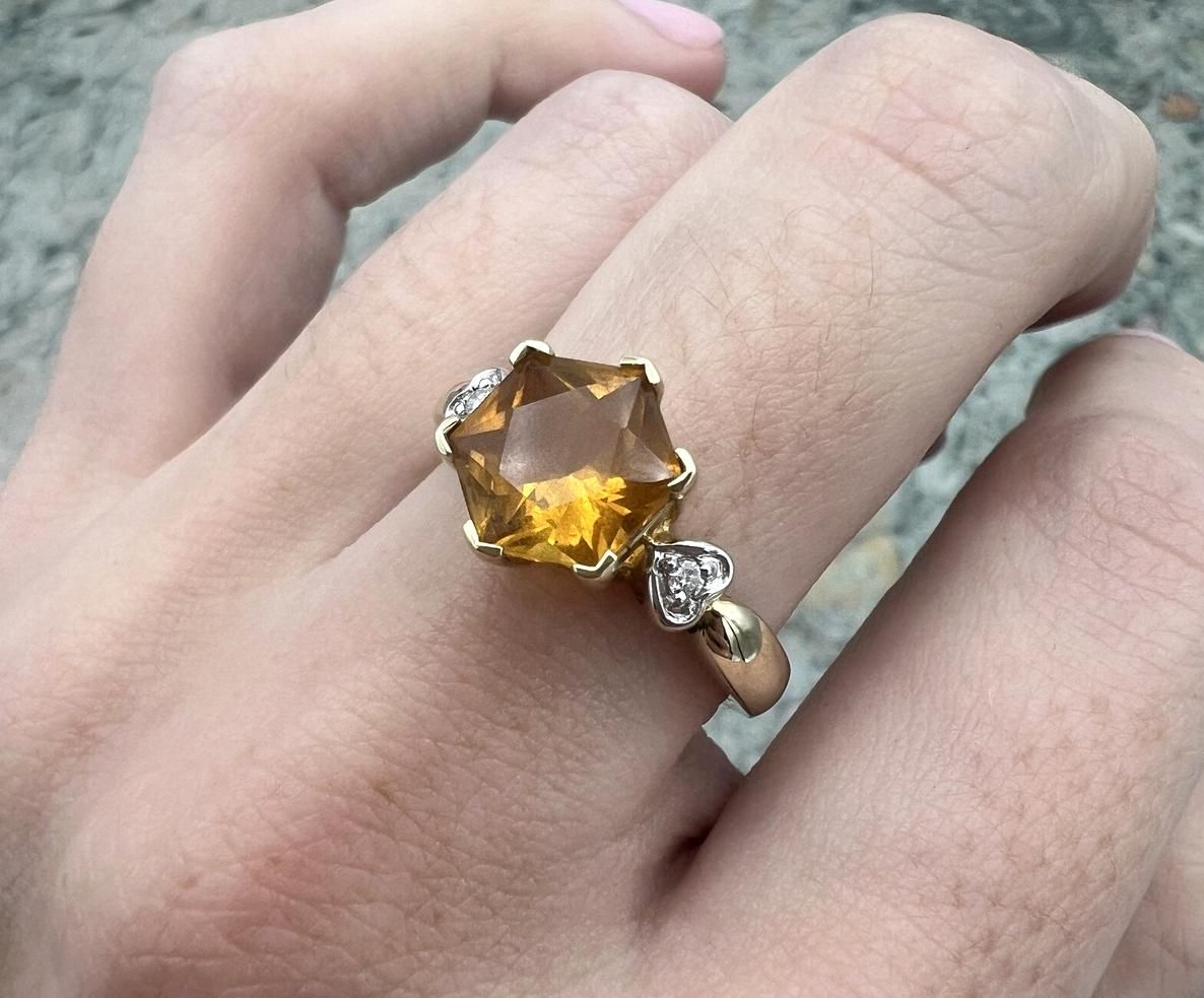 14k Vintage Hexagonal Cut Ring with Diamond Accents 2