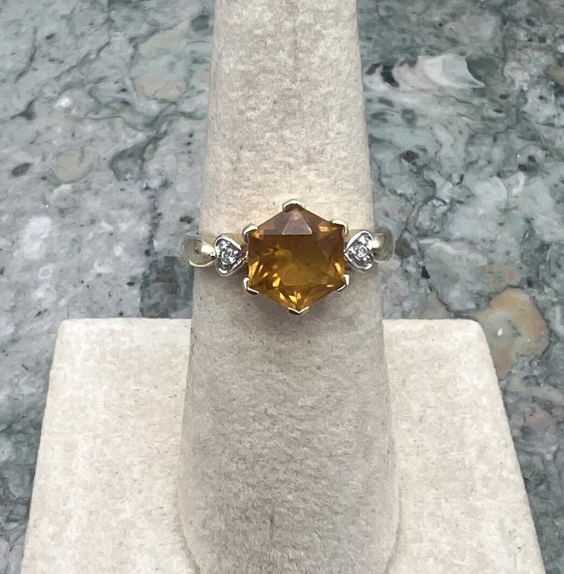 14k Vintage Hexagonal Cut Ring with Diamond Accents 3