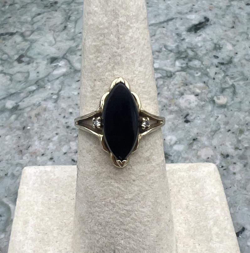 14k Vintage Gold Black Marquise Ring with Diamond Accents 3