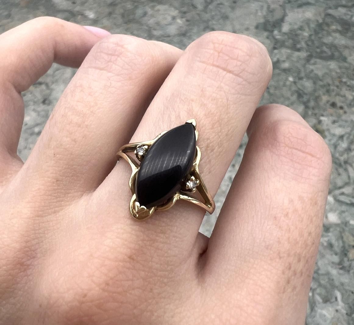14k Vintage Gold Black Marquise Ring with Diamond Accents 2