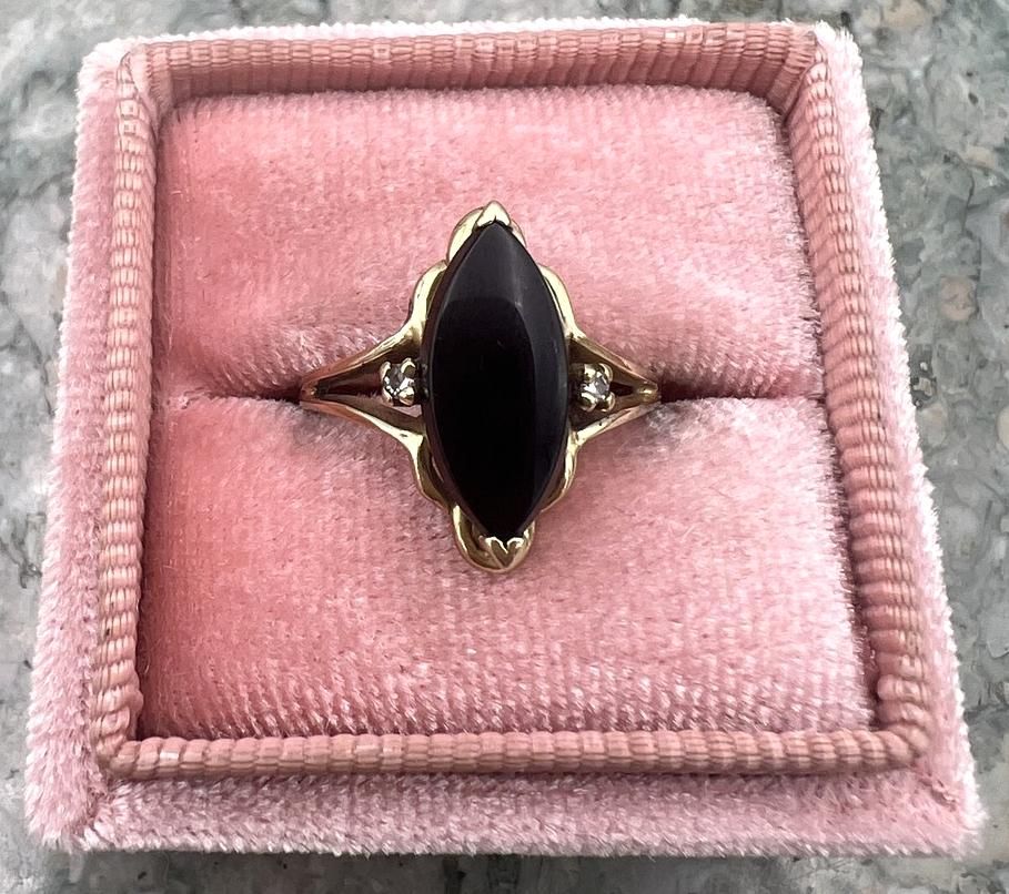 14k Vintage Gold Black Marquise Ring with Diamond Accents