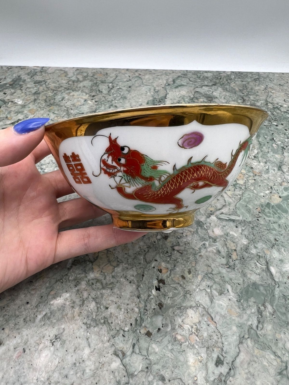 Pair Jingdezhen Porcelain Dragon & Phoenix Rice Bowls Gold 2