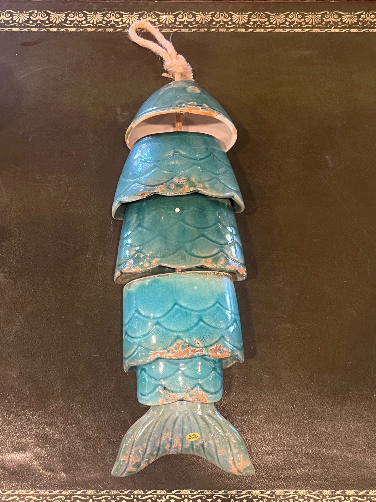 Ceramic Fish Wind Chime Teal Blue Glazed Segmented Hanging Decor