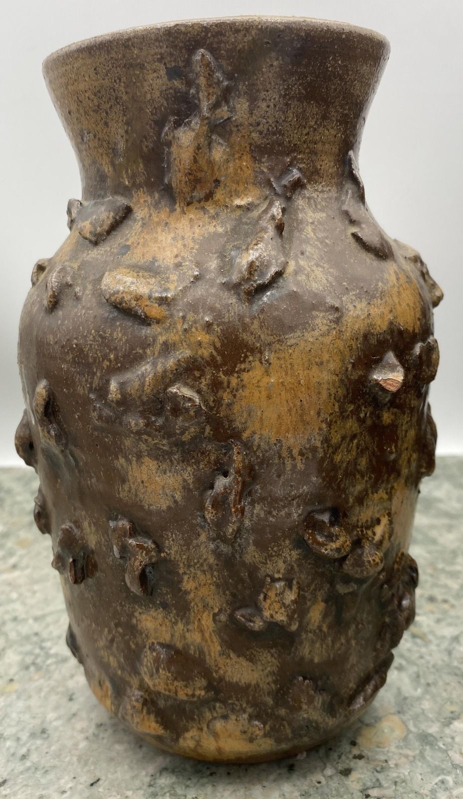 Handmade Stoneware Vase with Applied Relief Decoration Brown Glaze