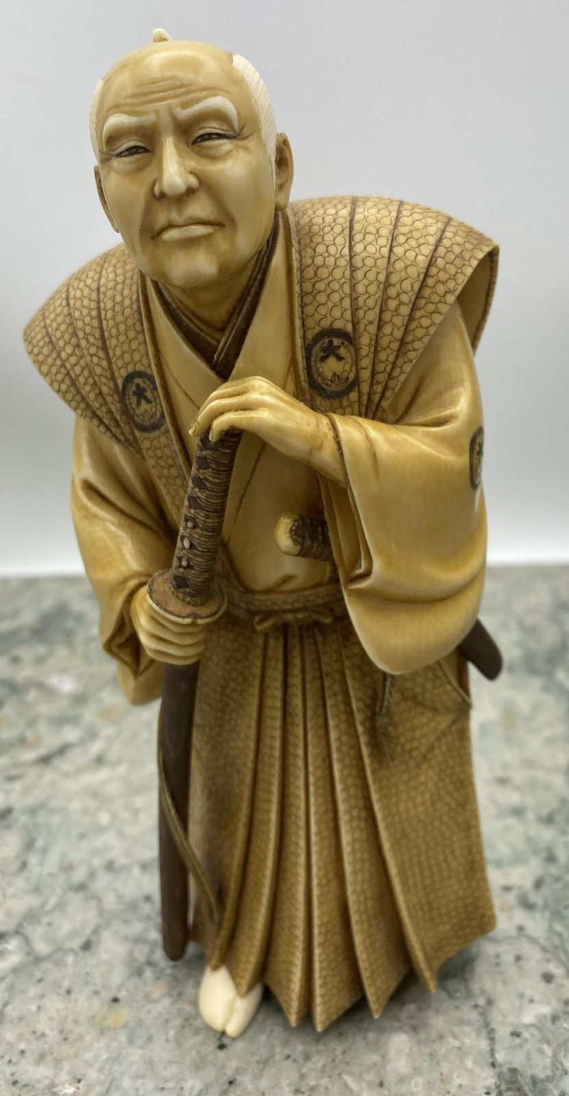 Japanese Carved Resin Samurai Figure with Katana, Meiji Style