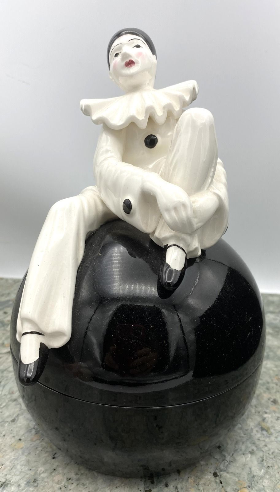 Vintage Ceramic Pierrot Clown on Black Ball Trinket Box