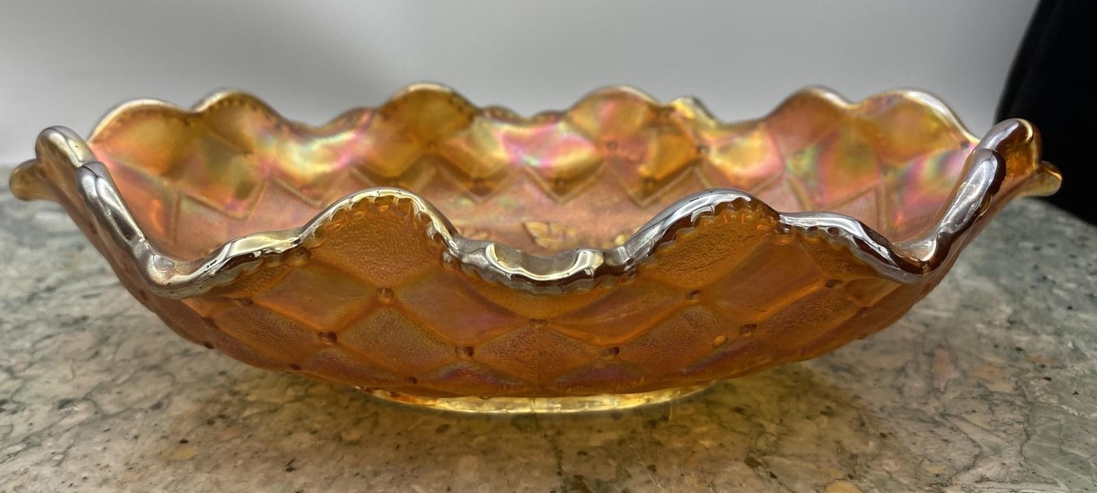 Vintage Marigold Carnival Glass Bowl Diamond Quilted Ruffled Edge
