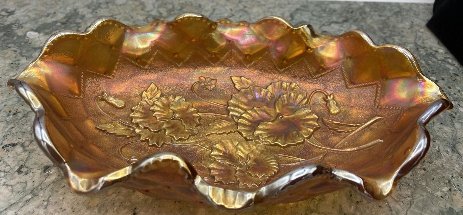 Vintage Marigold Carnival Glass Bowl Diamond Quilted Ruffled Edge 2