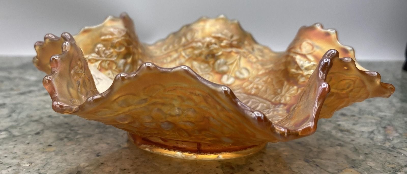 Fenton Marigold Carnival Glass Ruffled Bowl Floral Pattern