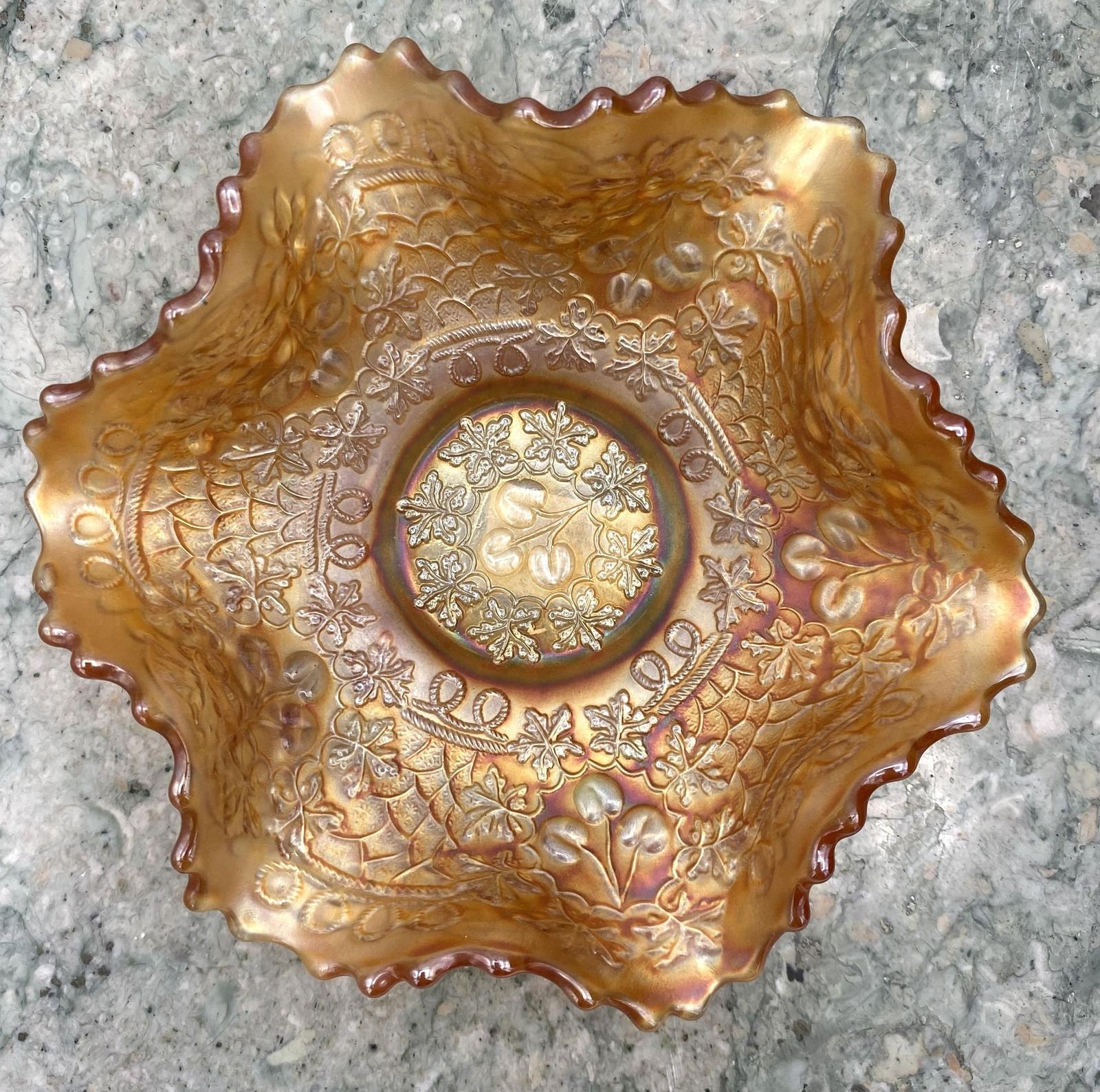 Fenton Marigold Carnival Glass Ruffled Bowl Floral Pattern 2