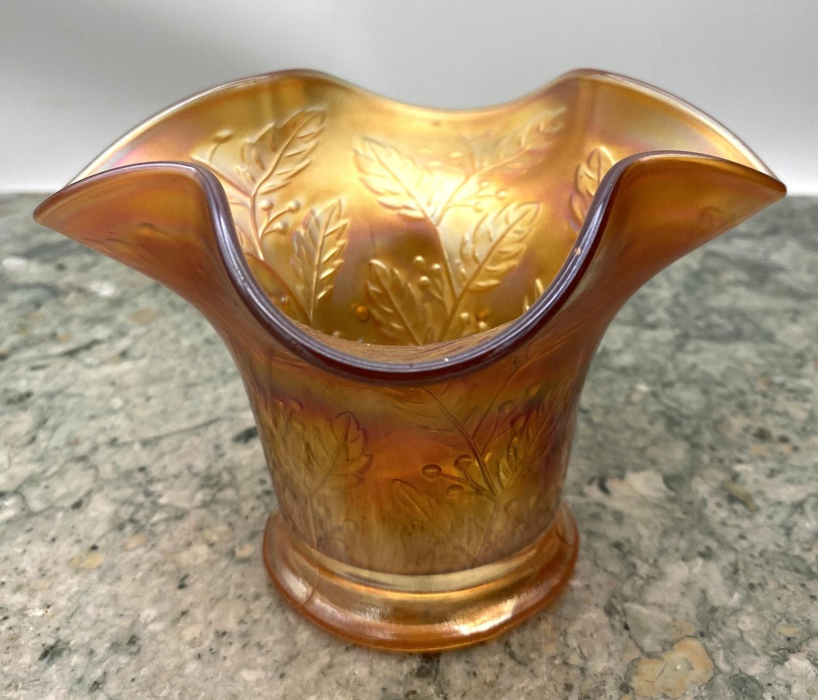 Fenton Marigold Carnival Glass Ruffled Vase Holly Pattern