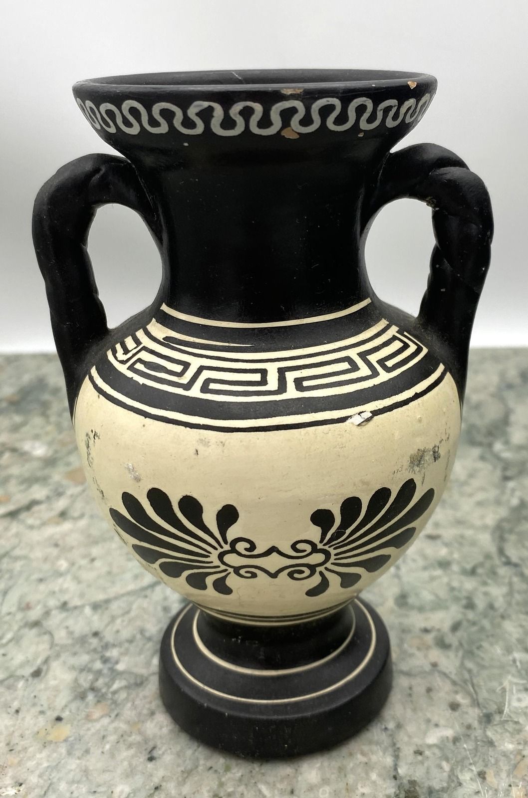 Greek Style Black & Cream Ceramic Amphora Vase with Meander