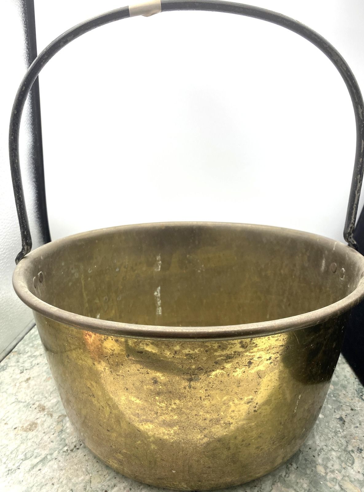 Antique Brass Kettle with Wrought Iron Bail Handle 19th Century
