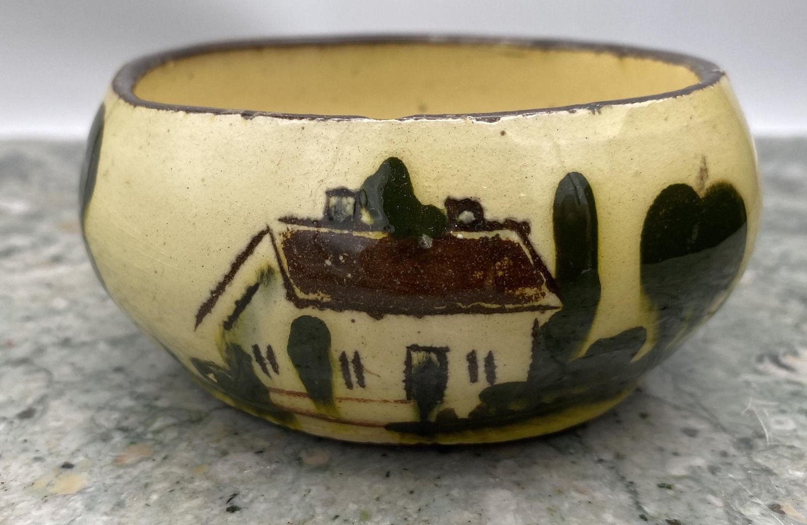 Vintage Hand-Painted Ceramic Bowl with Cottage Scene Folk Art