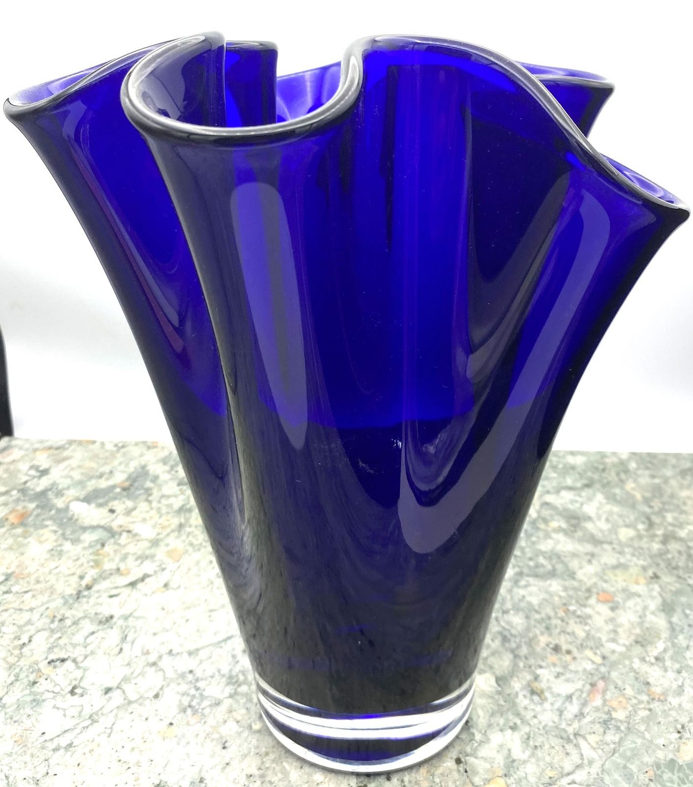 Cobalt Blue Art Glass Handkerchief Vase with Clear Base 2