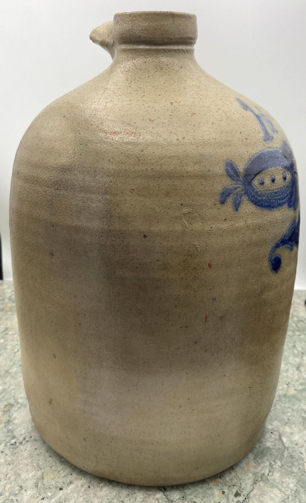 Antique Salt-Glazed Stoneware Jug with Cobalt Blue Bird Decoration