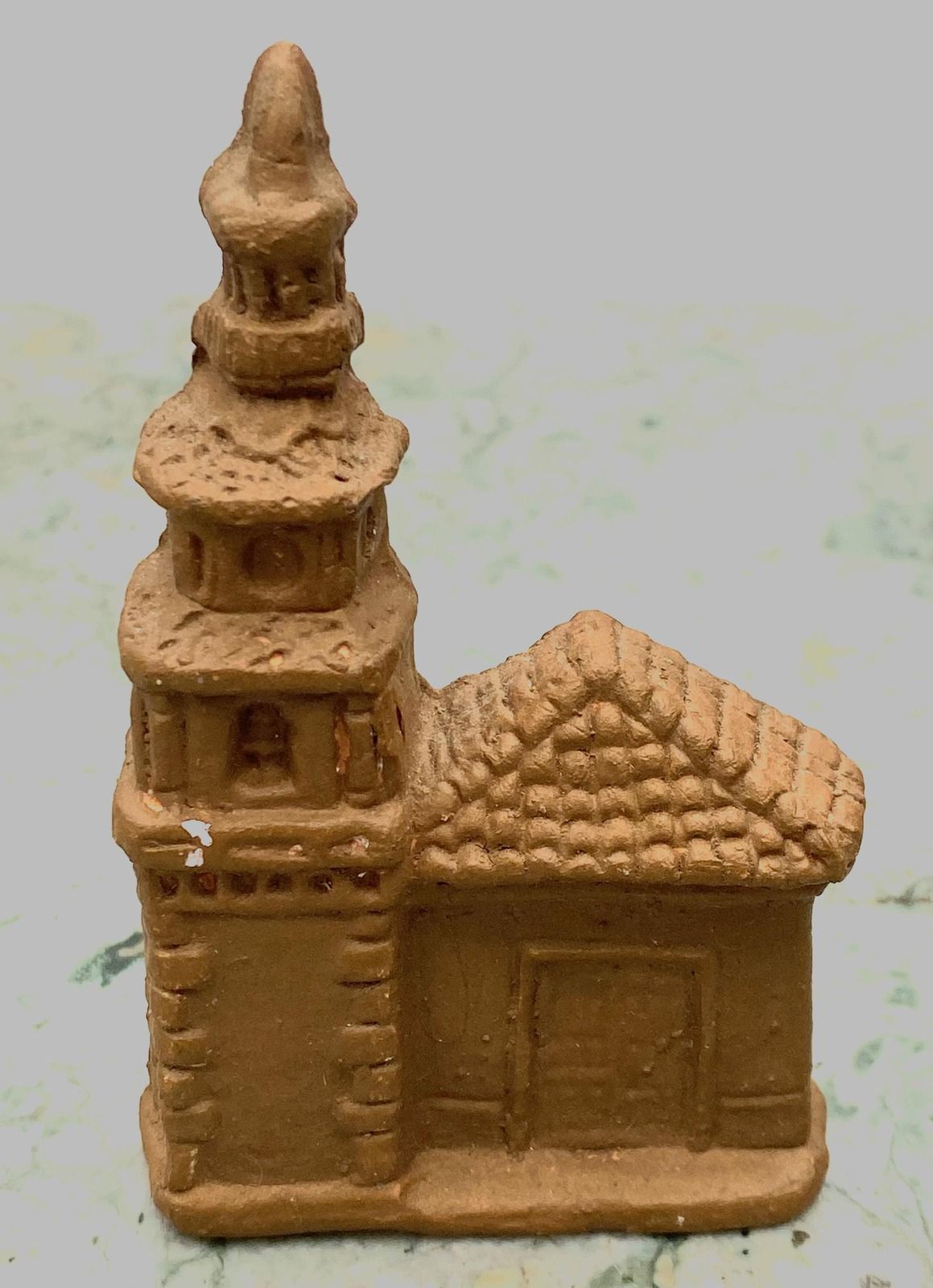 Vintage Terracotta Clay Miniature Church Figurine with Steeple
