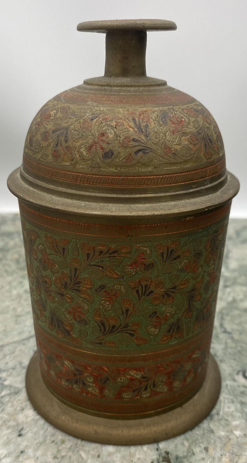 Vintage Indian Brass Enameled Lidded Container with Floral Motif
