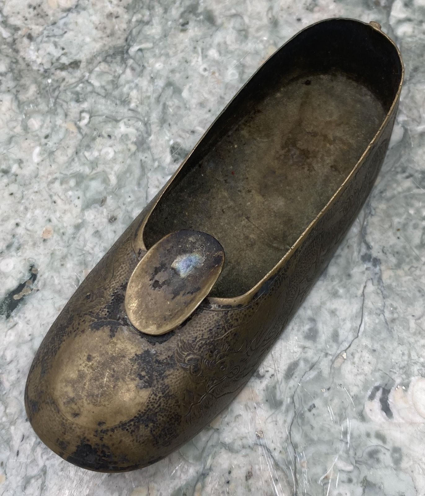 Vintage Brass Shoe Ashtray with Engraved Dragon Motif