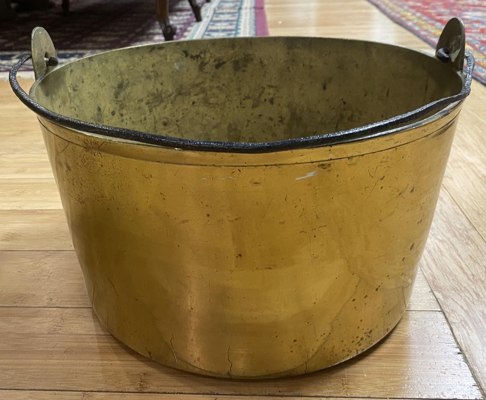 Antique Brass Bucket Kettle with Iron Bail Handle 19th Century