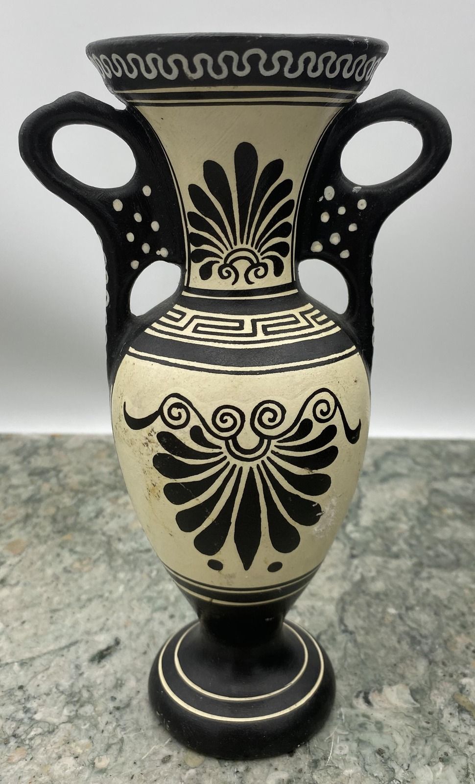 Greek Revival Black & Cream Ceramic Amphora Vase Palmette Motif