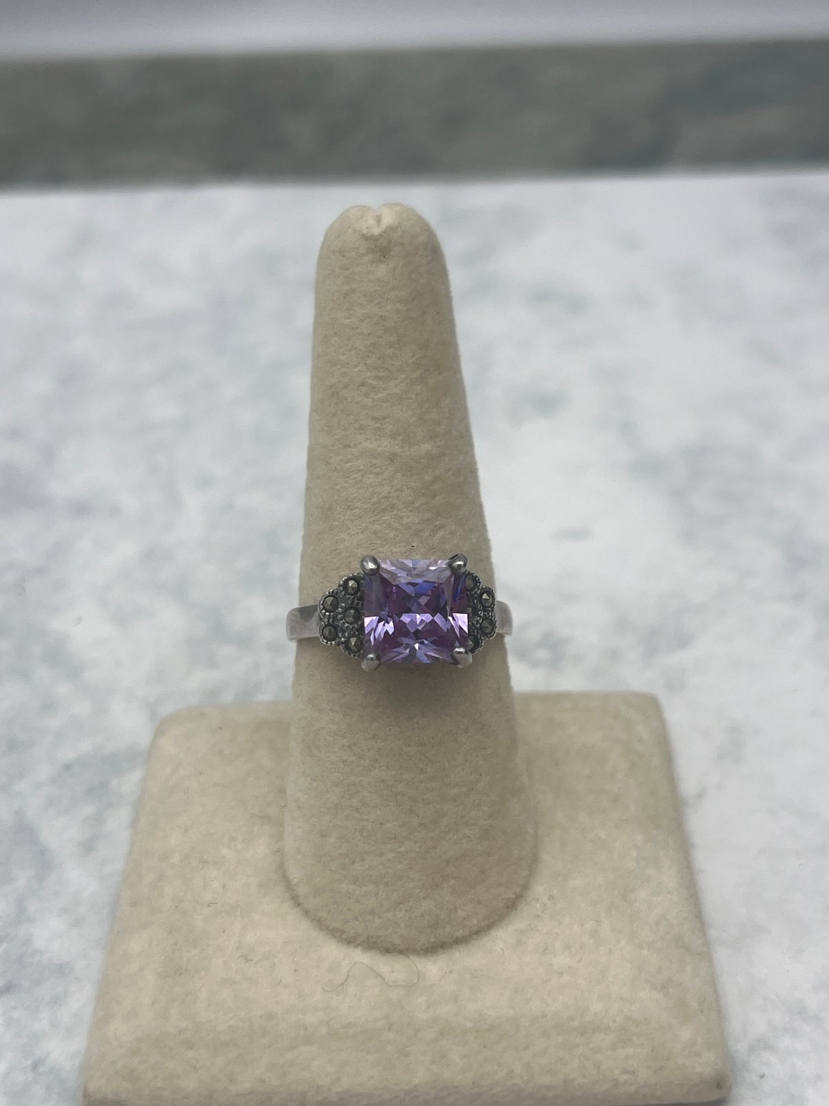 Sterling Silver Purple CZ Marcasite Ring Size 9.75