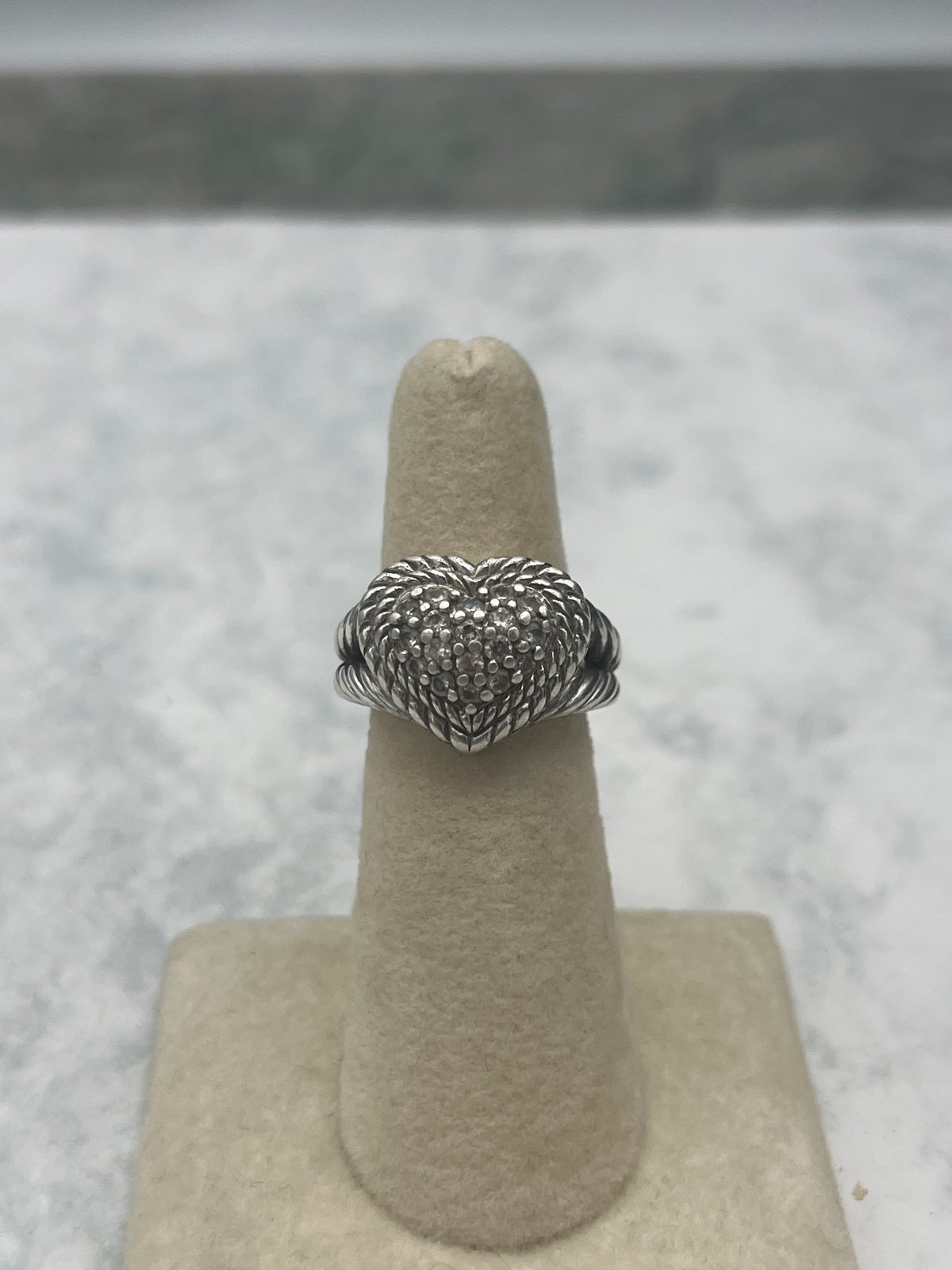Judith Ripka Sterling Silver Heart Ring with CZ Pavé Cable Band Size 6