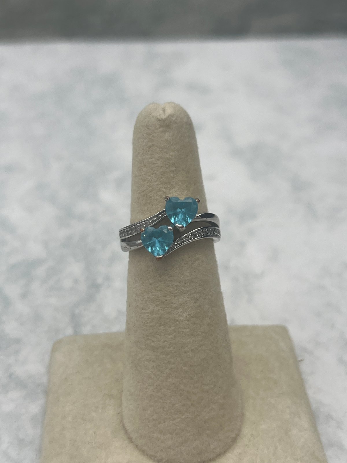 Sterling Silver Double Heart Blue Topaz Ring with Accent Stones Size 6