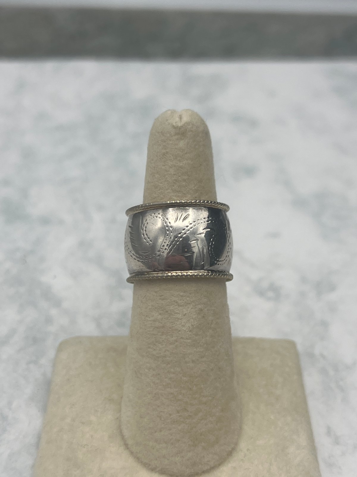 Sterling Silver Wide Band Ring Engraved Floral Rope Edge Size 7
