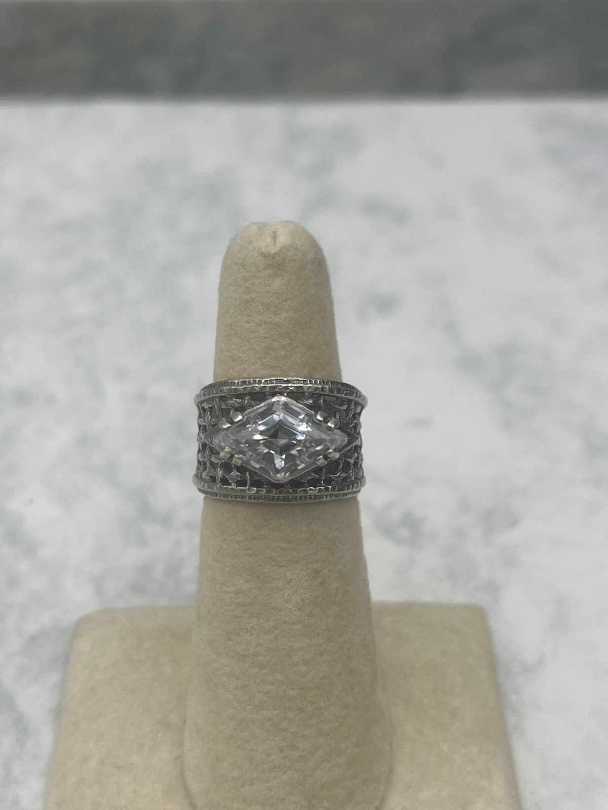 Sterling Silver Wide Band Ring with Clear CZ Marquise-Cut Stone Size 6.5
