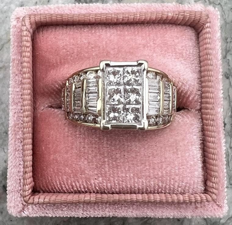 14k Gold Diamond Cluster Cocktail Ring Princess & Baguette Cut