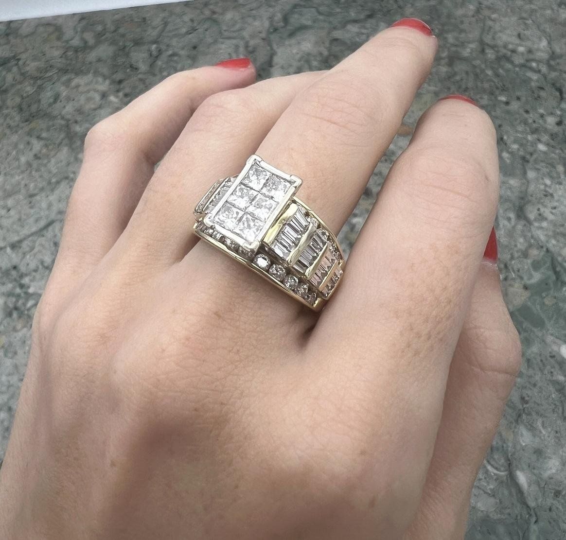 14k Gold Diamond Cluster Cocktail Ring Princess & Baguette Cut 3