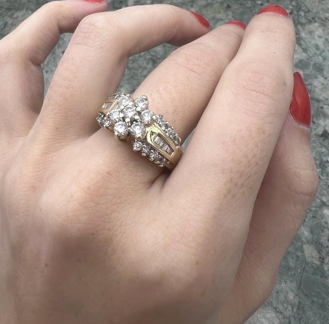 14k Yellow Gold Diamond Cluster Ring with Baguette Accents 3